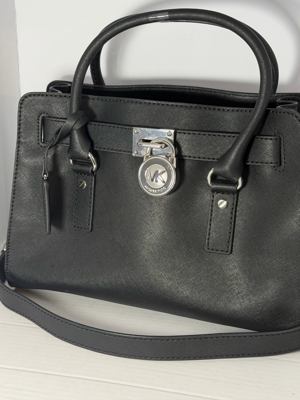 Michael Kors Black Saffiano Satchel with Lock Charm